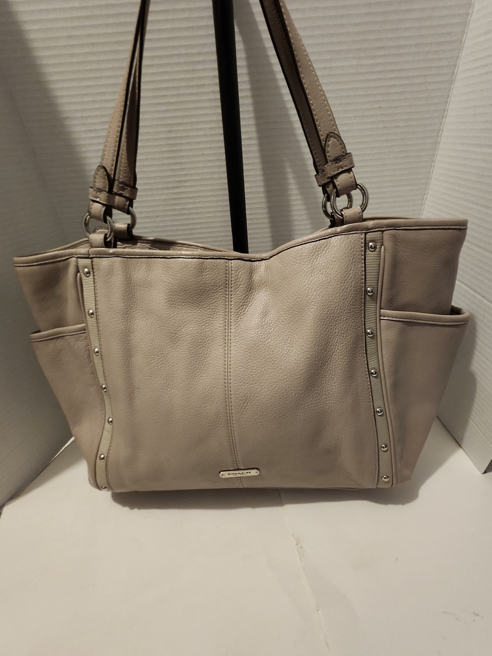 Coach Beige Leather Tote Bag with Stud Detail